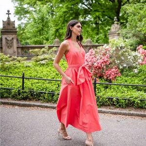 Vibrant Coral Halter Midi Dress